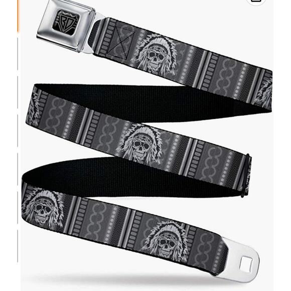 Buckle-Down Seatbelt 1" Belt Native American Skull | KIDS 20-36" | Black Grey - Picture 1 of 3
